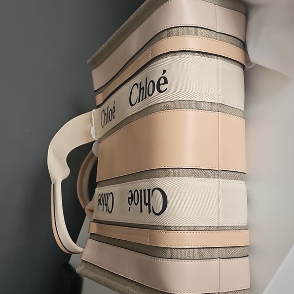 NWT Chloe Pink Woody Medium Linen Tote Bag - Picture 3 of 8